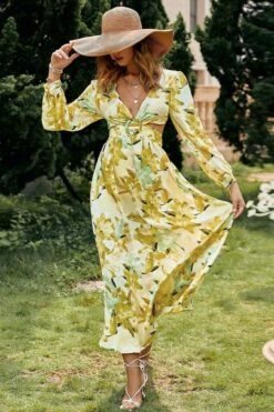 Robe Bohème Verte À Manches Bouffantes