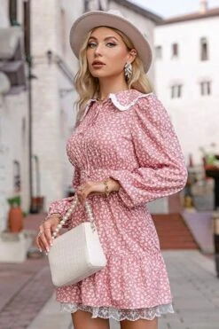 Robe Rose À Fleurs Avec Manches Bouffantes Pour Femme